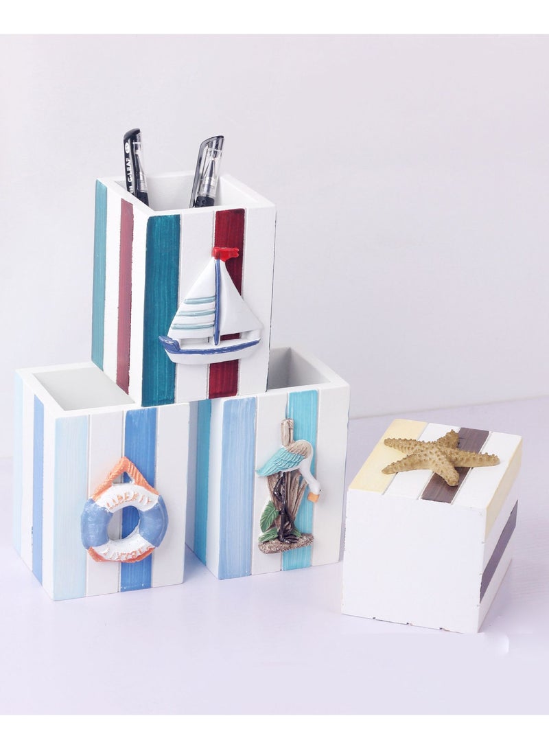 YINZUO Table Pencil Storage Holder Nautical Striped Desk Organizer Beach-Themed Pen Holders with Sailboat, Lifebuoy, Starfish, and Bird Decor - Image 1
