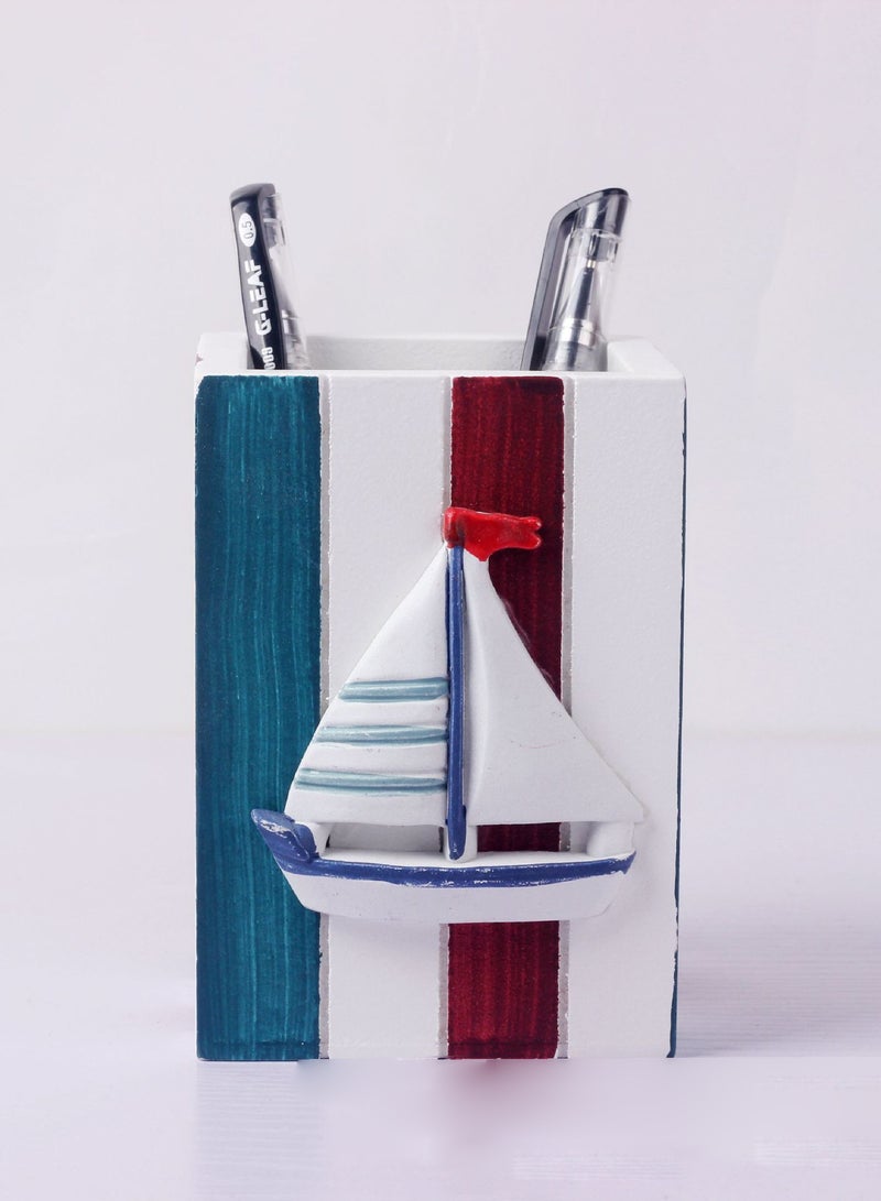 YINZUO Table Pencil Storage Holder Nautical Striped Desk Organizer Beach-Themed Pen Holders with Sailboat, Lifebuoy, Starfish, and Bird Decor - Image 4