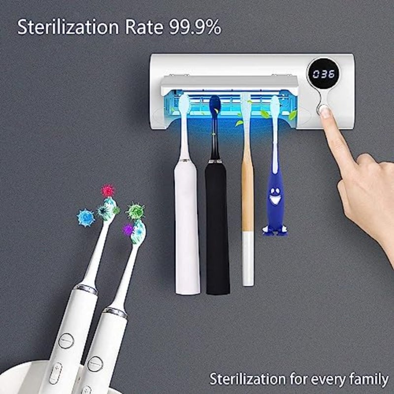 Wall-mounted UV toothbrush sanitizer for bathroom use, ABS plastic body in white, 99.9 sterilization with rechargeable drilling-free design - Image 2