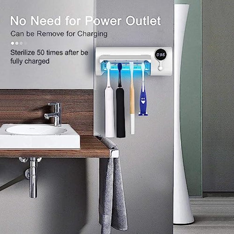 Wall-mounted UV toothbrush sanitizer for bathroom use, ABS plastic body in white, 99.9 sterilization with rechargeable drilling-free design - Image 3