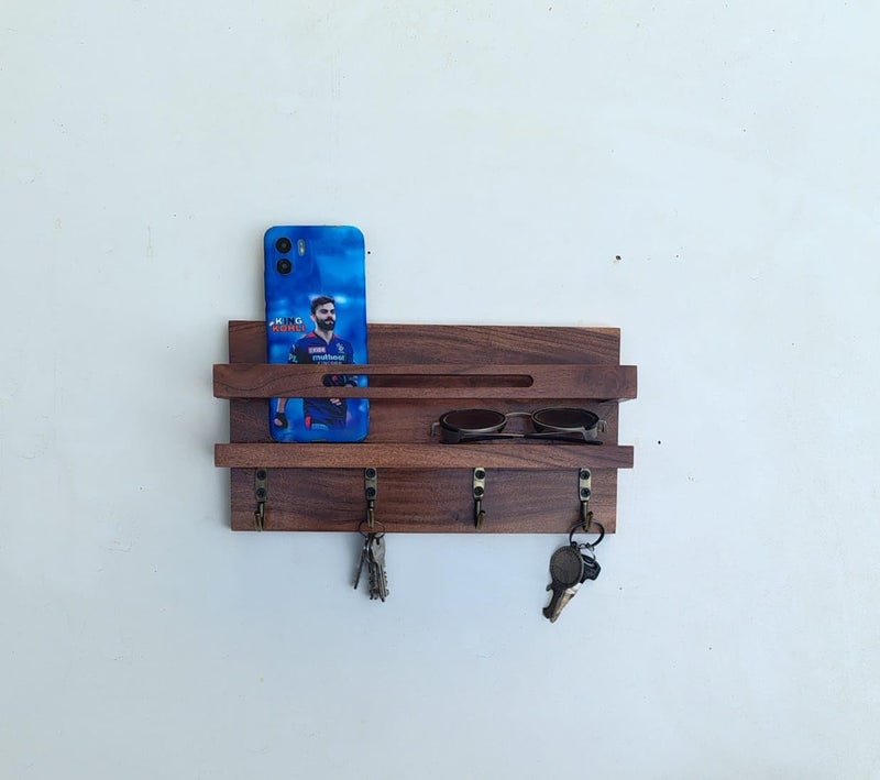 Wall Mounted Wooden Key Holder with Phone Stand 4 Hooks Brown  - Image 1