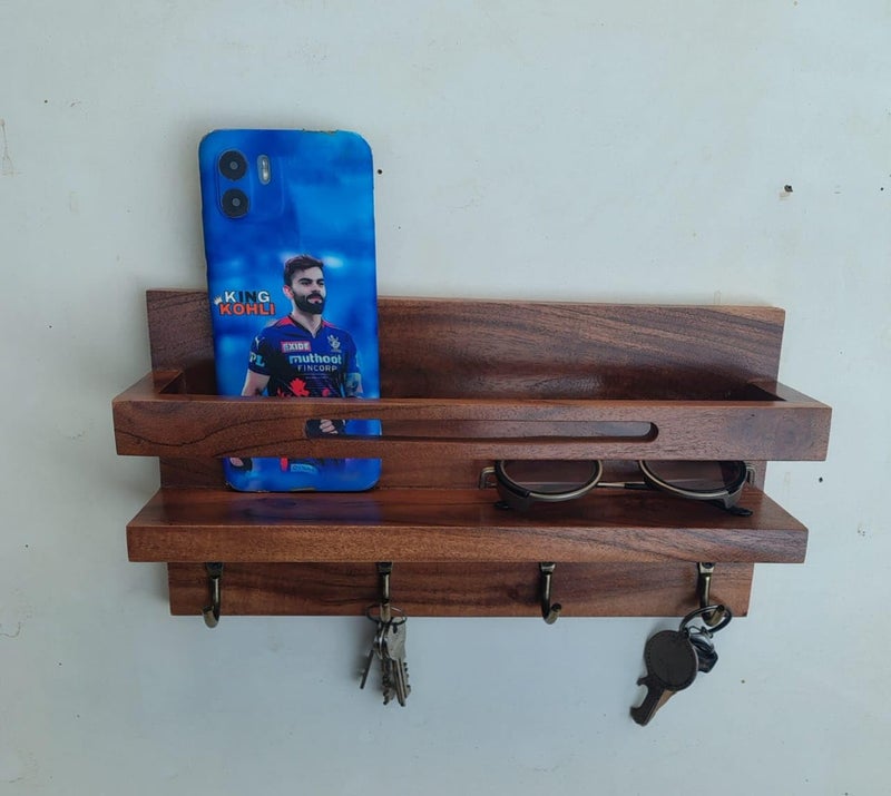 Wall Mounted Wooden Key Holder with Phone Stand 4 Hooks Brown  - Image 4