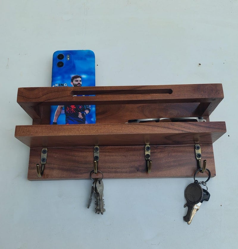 Wall Mounted Wooden Key Holder with Phone Stand 4 Hooks Brown  - Image 2