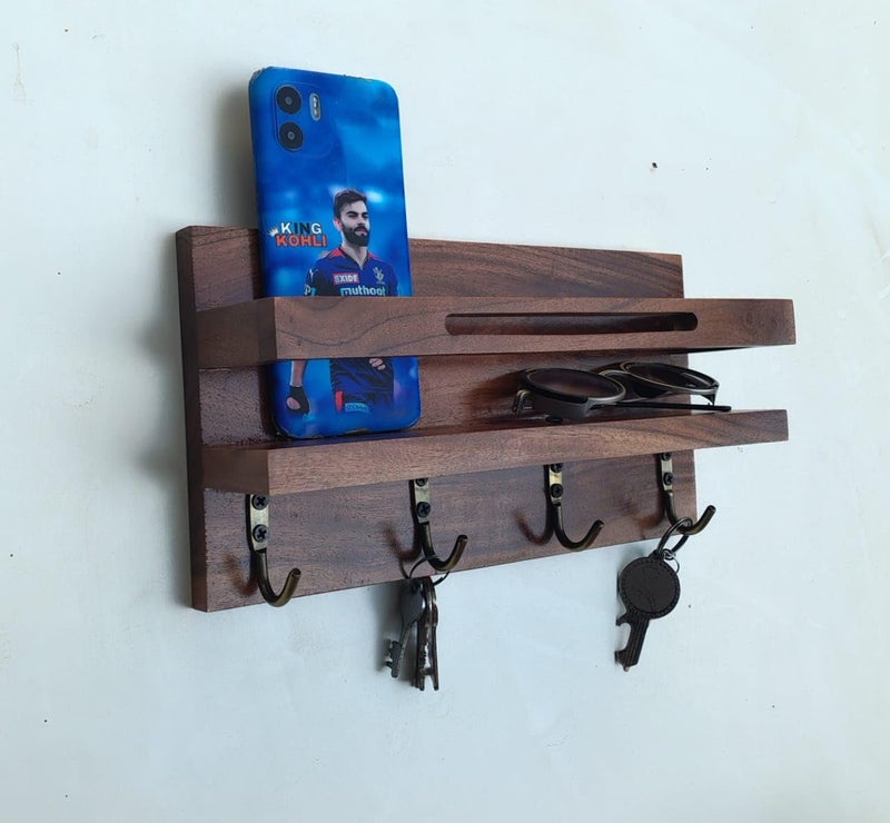 Wall Mounted Wooden Key Holder with Phone Stand 4 Hooks Brown  - Image 5