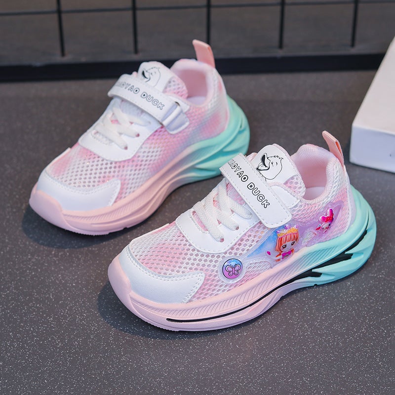 Girls' Shoes 2025 Spring & Fall New Mesh Breathable Lightweight Kidsren'S Sports Shoes Fashionable Versatile Thick-Soled Running Shoes - Image 1