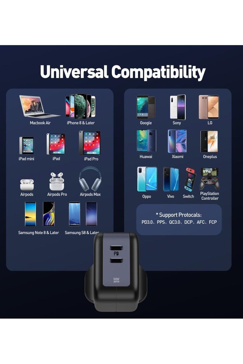 جودا اليابانية شاحن جداري بقوة 50 واط بمنفذين تايب سي - اسود - Image 3