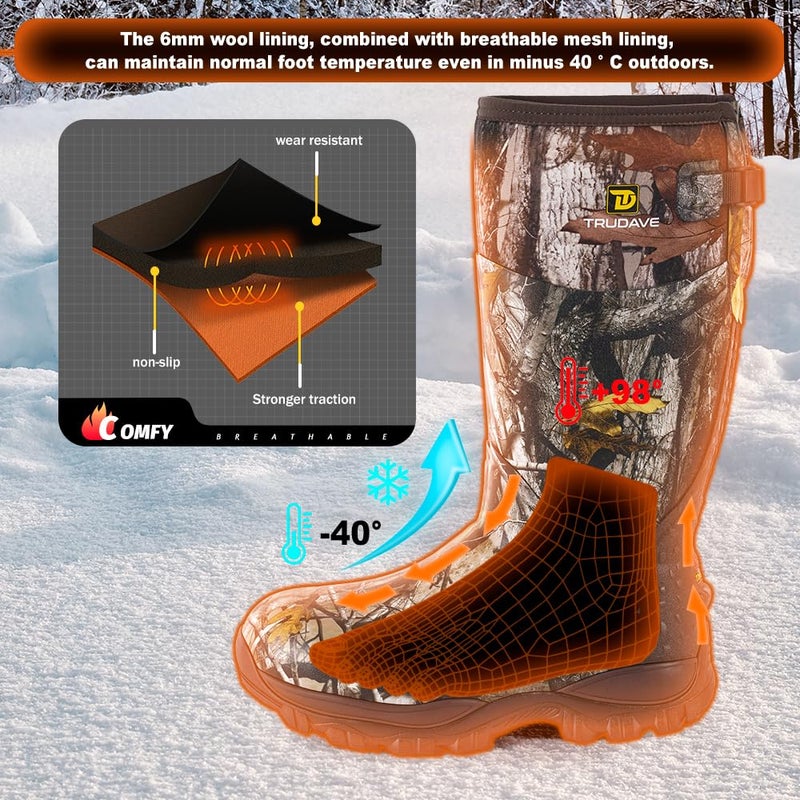 Trudave Hunting Boots for Men - 6mm Neoprene Camo Insulated And Waterproof Rubber Boots with Steel Shank - Image 5