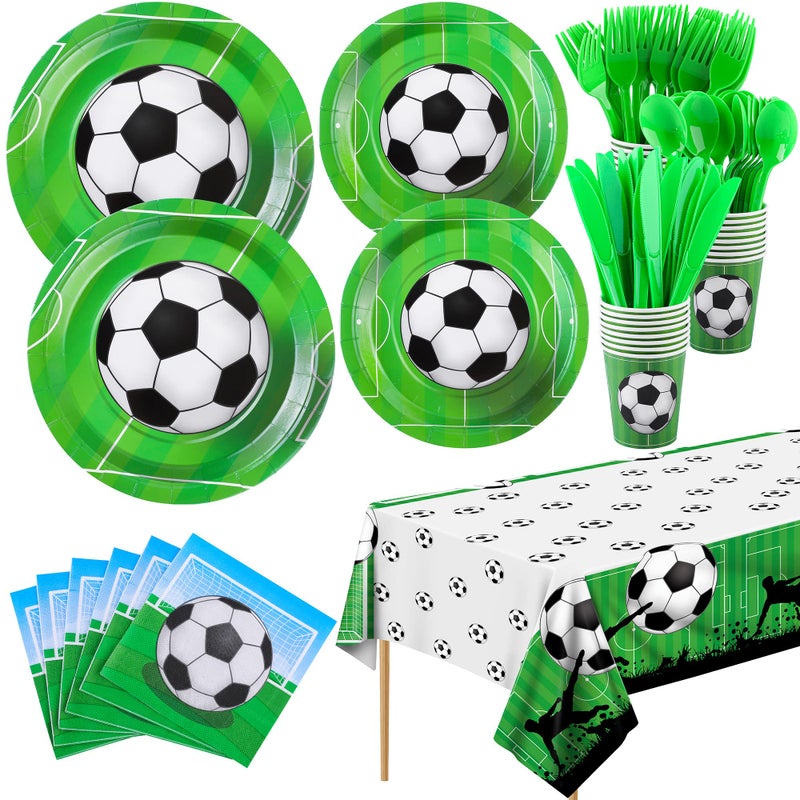 ADXCO 169 Pieces Soccer Theme Party Supplies Set Disposable Party Tableware Soccer Party Pack Including Paper Plates Cups Napkins Forks Spoons Knives for Birthday Sports Event Serves 24 Guests