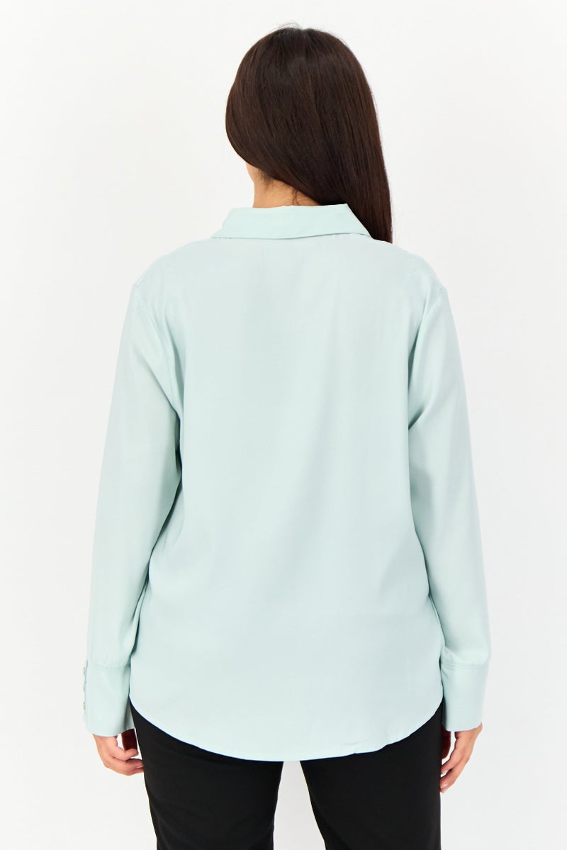 bebe Women Spread Collar Solid Long Sleeves Blouse, LIght Blue - Image 3