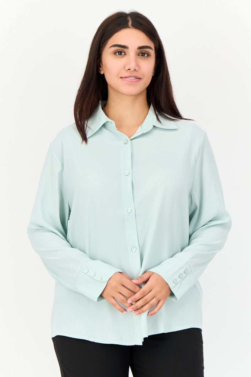 bebe Women Spread Collar Solid Long Sleeves Blouse, LIght Blue - Image 1