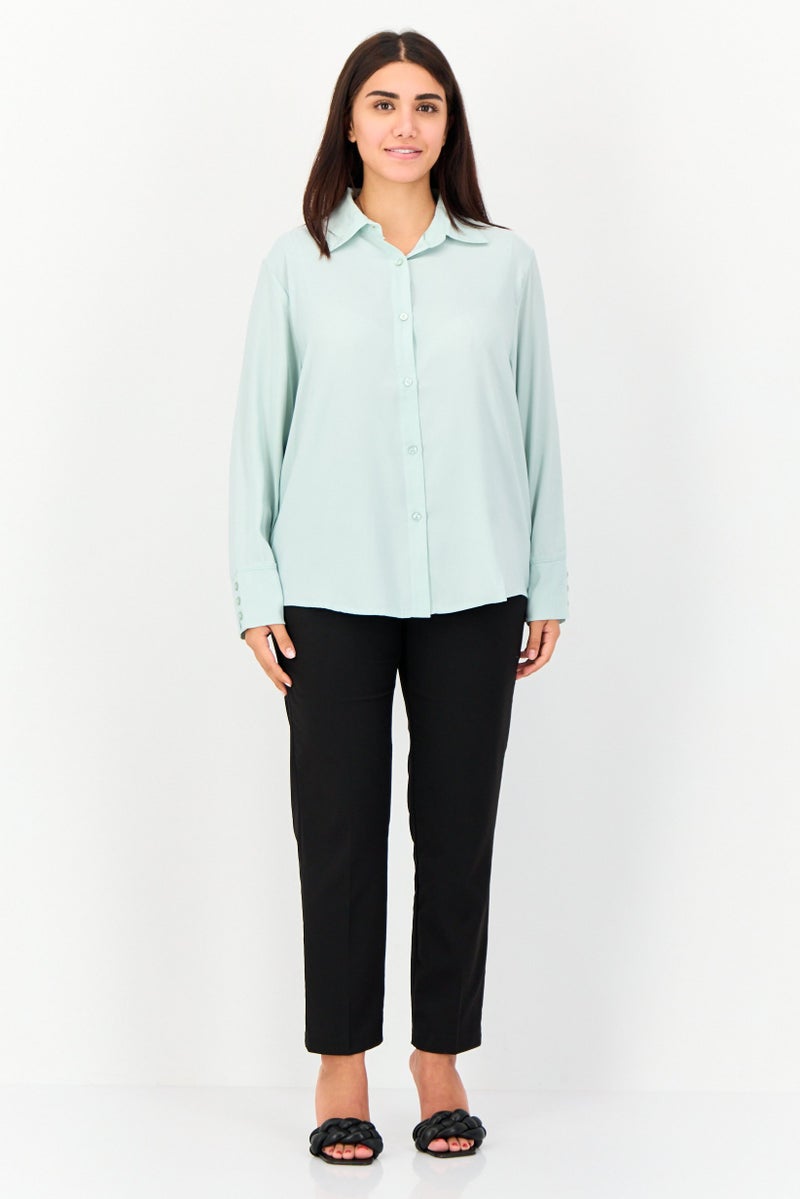 bebe Women Spread Collar Solid Long Sleeves Blouse, LIght Blue - Image 4