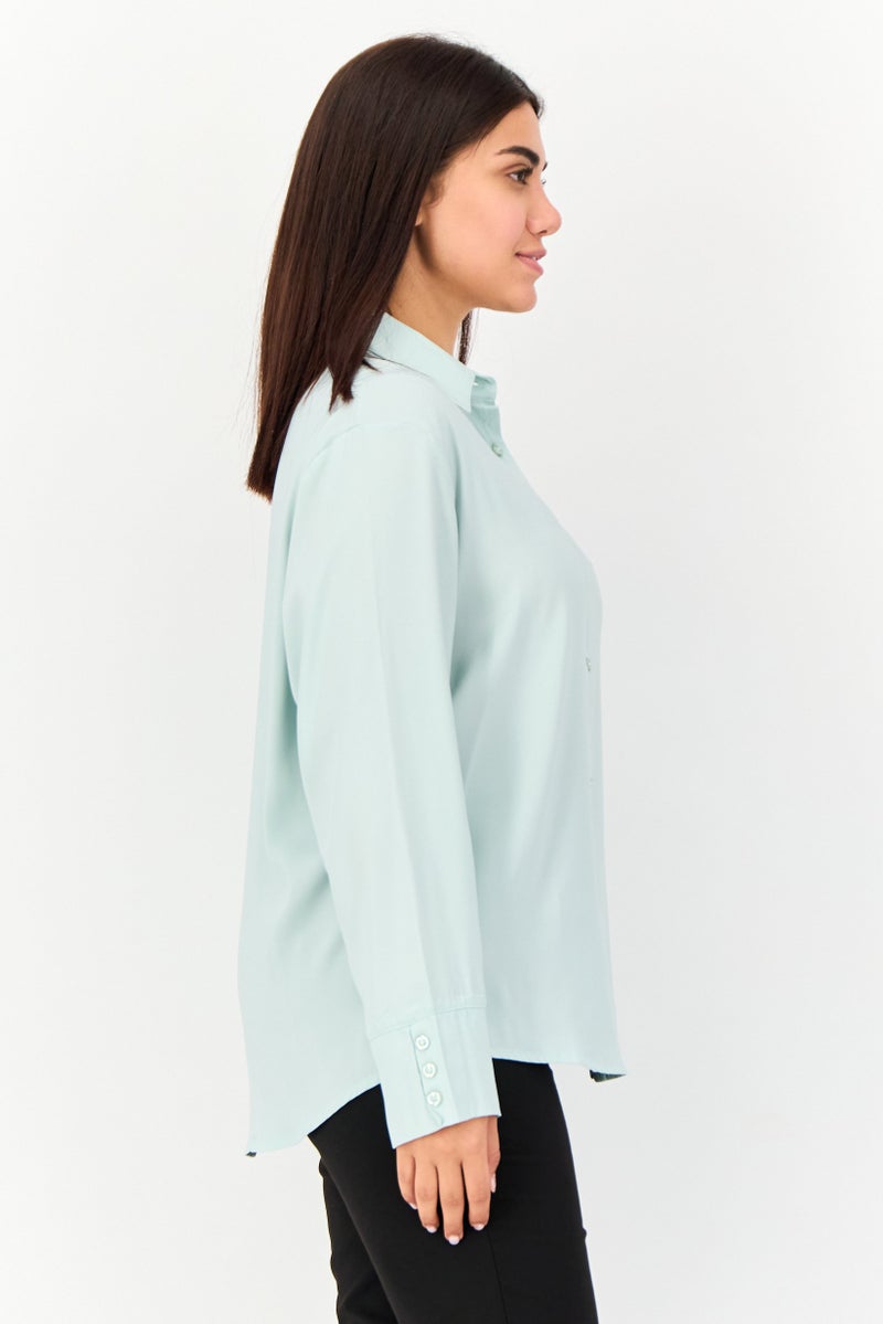 bebe Women Spread Collar Solid Long Sleeves Blouse, LIght Blue - Image 2