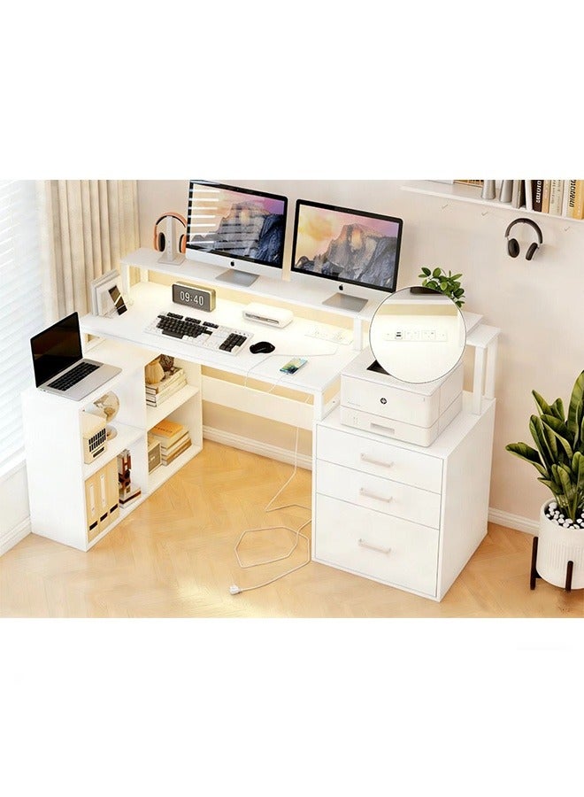 JCB CHIC مكتب كمبيوتر 3 في 1  مكتب دراسة، مكتب ألعاب متعدد الوظائف مزود بمصابيح LED ومنافذ طاقة، طاولة كمبيوتر مع مساحة تخزين وأدراج، مكتب مكتبي قائم مع خزانة ملفات من القماش - Image 1