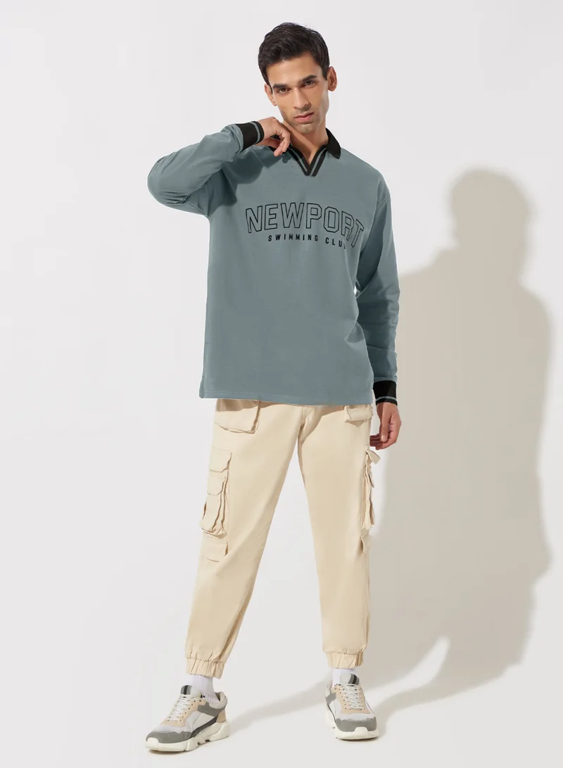 مانياك Maniac Mens Printed Polo Neck Full Sleeve Light Grey Cotton Oversized T-Shirt