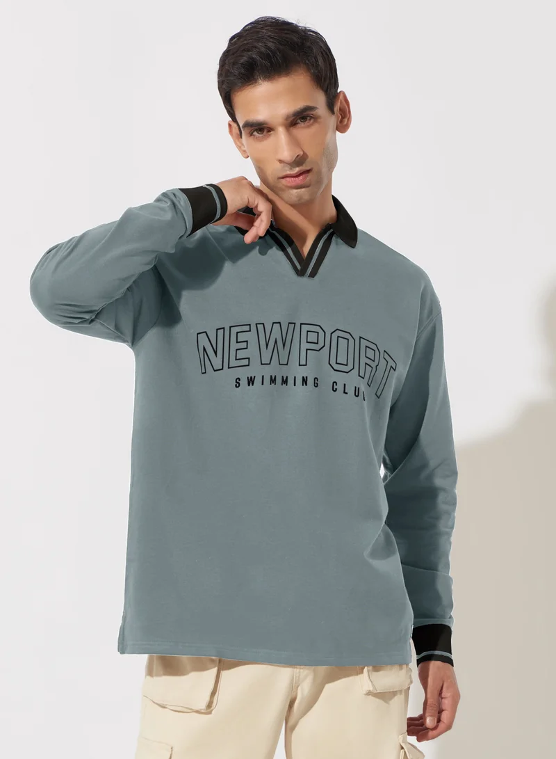 مانياك Maniac Mens Printed Polo Neck Full Sleeve Light Grey Cotton Oversized T-Shirt