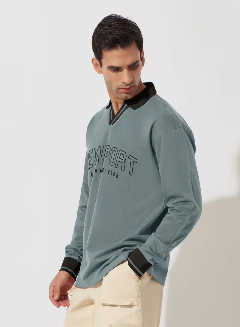 مانياك Maniac Mens Printed Polo Neck Full Sleeve Light Grey Cotton Oversized T-Shirt