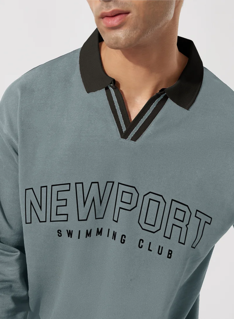 مانياك Maniac Mens Printed Polo Neck Full Sleeve Light Grey Cotton Oversized T-Shirt