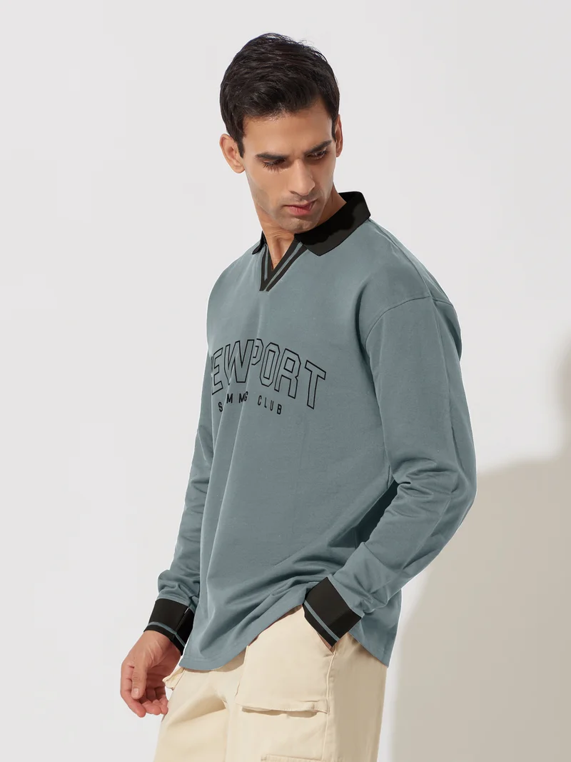 مانياك Maniac Mens Printed Polo Neck Full Sleeve Light Grey Cotton Oversized T-Shirt