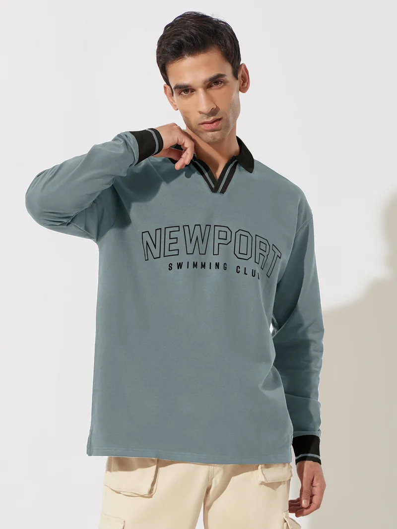 مانياك Maniac Mens Printed Polo Neck Full Sleeve Light Grey Cotton Oversized T-Shirt