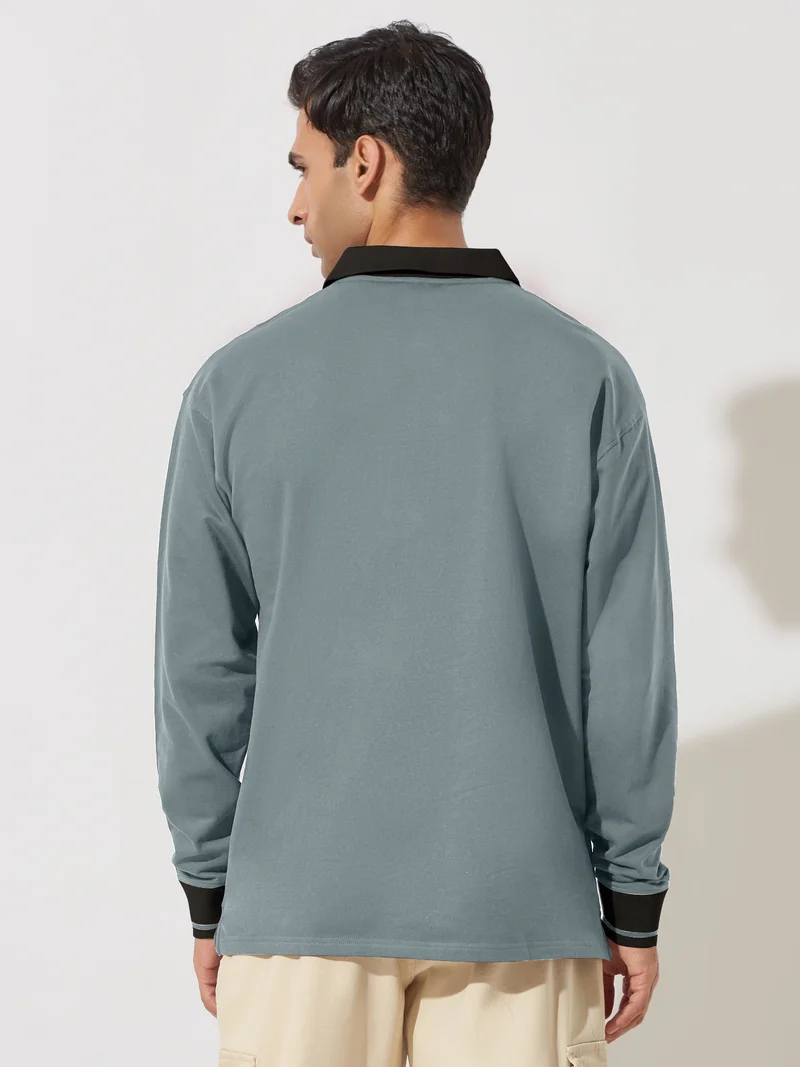 مانياك Maniac Mens Printed Polo Neck Full Sleeve Light Grey Cotton Oversized T-Shirt
