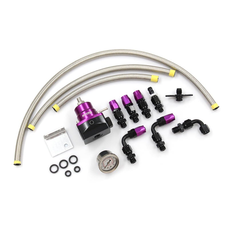 Adjustable Universal EFI Fuel Pressure Regulator Kit with 0160psi Fuel Pressure Gauge and AN66AN Fuel Line Hose Fitting Connectors Kit PURPLE