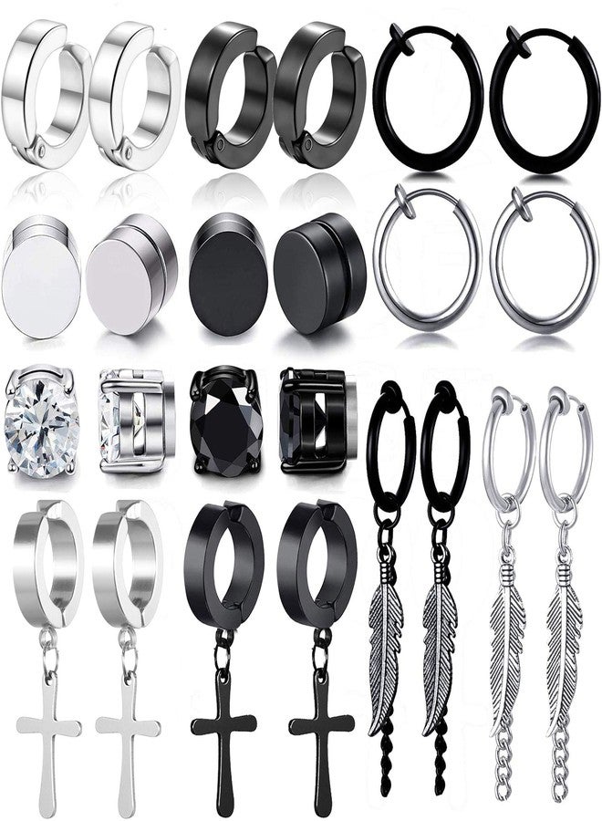 WAINIS 12 Pairs Stainless Steel Non Pierced Earrings for Men Women Magnet CZ Clip on Feather Dangle Earrings Set 8mm - Image 1