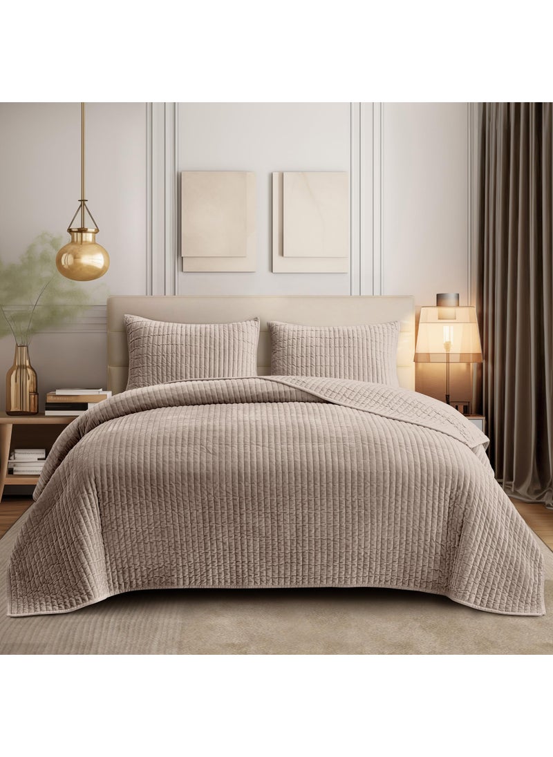 SHALALA NEW YORK SHALALA Velvet Quilt King SizeStriped Bedding SetLightweight Velvet ComforterLuxurious Suede Bedspread and Coverlet with Soft Brushed Microfiber Back for All SeasonLight TaupeKing 