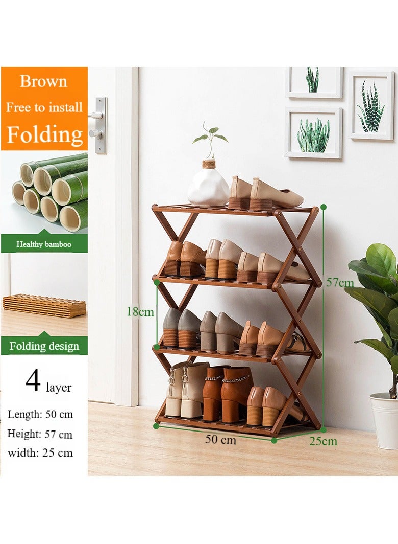 Generic Bamboo Folding Shoe Rack, Portable Wooden Shoe Rack, Tall Narrow Shoe Rack, No Installation Required, Shoe Rack Storage, Wooden Narrow Elevated Indoor Corridor, Entryway (Tea Color 4 Layers)  - Image 2