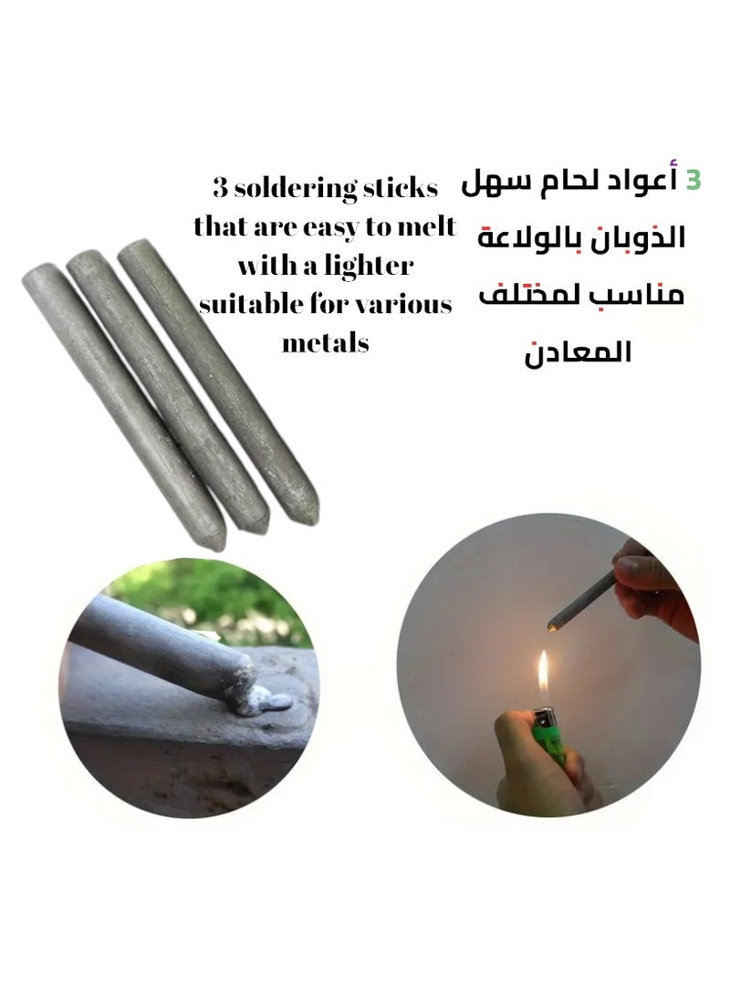 3 قطع اعواد لحام حديد و معادن مختلفة سهل الذوبان بدرجة حرارة منخفضة فقط في3 ثواني تسطيع تلحيم و اصلاح سريع وتلحم القطع مع بعض بوجود ولاعة و اشعالها على عود الحام وملامسة سطح المعدن و تحريك العود على كامل مكان الحام مع ضروره اشعال الولاعة بسرعة  و سهولة و دون الحاجة الى الحداد ملاحظة العود سهل الانكسار و هذا لايؤثر على جوته مقاوم للصداء و مفيد لاصلاحات السريعة في المنزل لحام حديد او نحاس و الألمنيوم نقطة انصهار منخفضه للغاية يمكن للولاعه ان تلاحم يستفيد منه فني اصلاحات المنزل في حقيبة العده  - Image 1