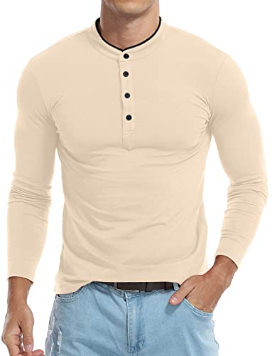 KUYIGO Men's Casual Slim Fit Shirts Long Sleeve Polo Mandarin Collared Lightweight T-Shirts Apricot Small - Image 3