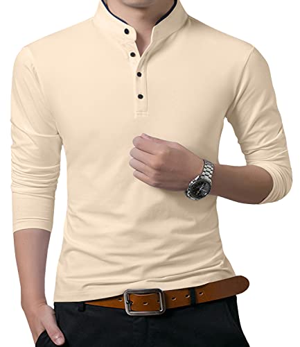 KUYIGO Men's Casual Slim Fit Shirts Long Sleeve Polo Mandarin Collared Lightweight T-Shirts Apricot Small - Image 1