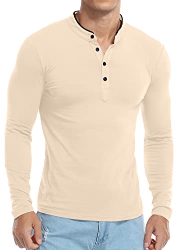 KUYIGO Men's Casual Slim Fit Shirts Long Sleeve Polo Mandarin Collared Lightweight T-Shirts Apricot Small - Image 4