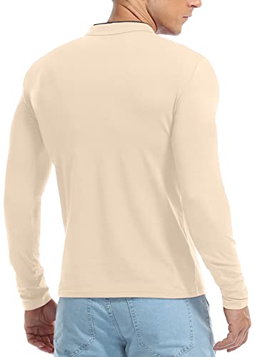KUYIGO Men's Casual Slim Fit Shirts Long Sleeve Polo Mandarin Collared Lightweight T-Shirts Apricot Small - Image 5