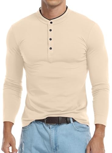 KUYIGO Men's Casual Slim Fit Shirts Long Sleeve Polo Mandarin Collared Lightweight T-Shirts Apricot Small - Image 2
