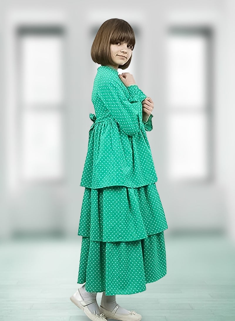 Lamora Young Girls' Long-Sleeved Polka Dot Maxi Dress | Elastic, Loose-Fitting Design for Summer Comfort | Round Neck Layered Details Infuse Whimsical Charm | A Stylish Ensemble for Sunny Days. 