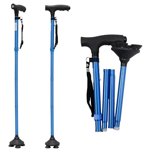 Rehamo Foldable Walking Stick for Old Age | 360° Pivot Base, Adjustable Height, LED Torch, Non-Slip Grip, Lightweight Aluminium Cane for Men & Women | Blue| 1-Year Warranty - Image 1