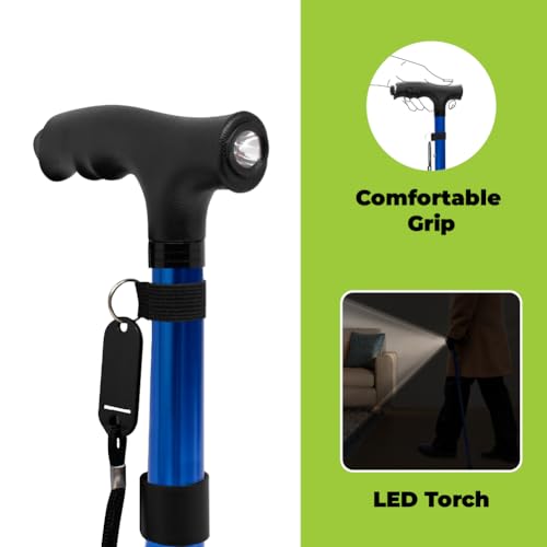 Rehamo Foldable Walking Stick for Old Age | 360° Pivot Base, Adjustable Height, LED Torch, Non-Slip Grip, Lightweight Aluminium Cane for Men & Women | Blue| 1-Year Warranty - Image 2