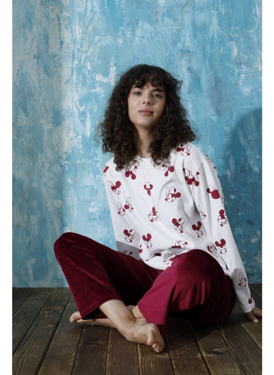 Bie's Women's Crew Neck Low Shoulder Interlock Cotton Top Velvet Bottom Winter Pajamas Tracksuit Set  - Image 1