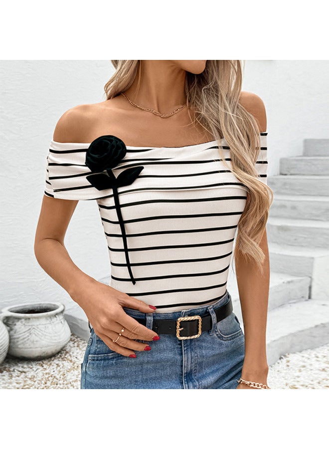 Off-Shoulder Boat Neck Top – Striped, 3D Flower Detail