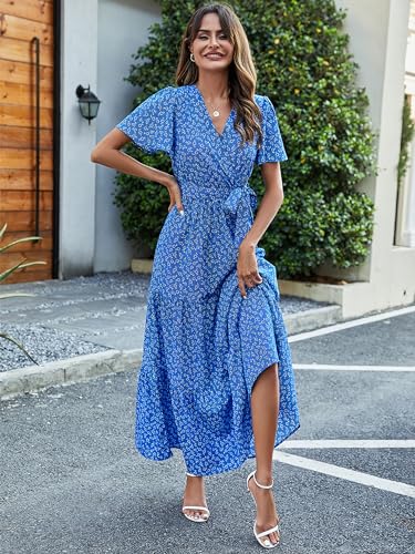 MASCOMODA Womens Summer Boho Maxi Dress Floral Wrap V Neck Flutter Short Sleeve Tie Waist A Line Tiered Flowy Long Dresses(Royal Blue,Large) - Image 2