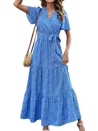 MASCOMODA Womens Summer Boho Maxi Dress Floral Wrap V Neck Flutter Short Sleeve Tie Waist A Line Tiered Flowy Long Dresses(Royal Blue,Large) - Image 1