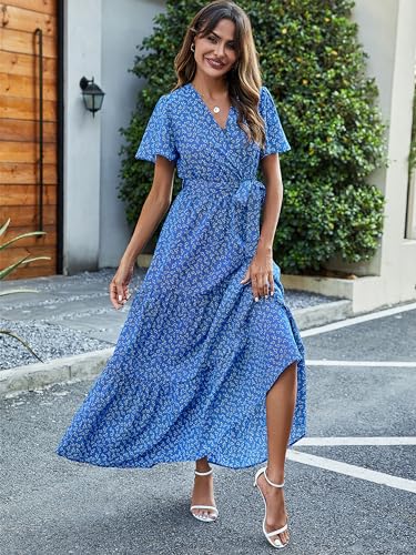 MASCOMODA Womens Summer Boho Maxi Dress Floral Wrap V Neck Flutter Short Sleeve Tie Waist A Line Tiered Flowy Long Dresses(Royal Blue,Large) - Image 3