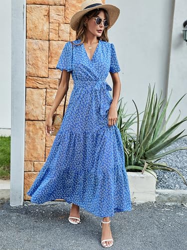 MASCOMODA Womens Summer Boho Maxi Dress Floral Wrap V Neck Flutter Short Sleeve Tie Waist A Line Tiered Flowy Long Dresses(Royal Blue,Large) - Image 5