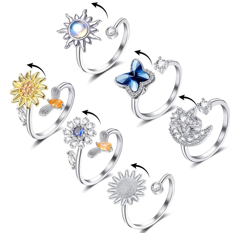 Honsny Fidget Rings for Women Spinner Fidget Ring Set Sunflower Butterfly Bee Star Moon Relief Spinning Rings for Adults - Image 2