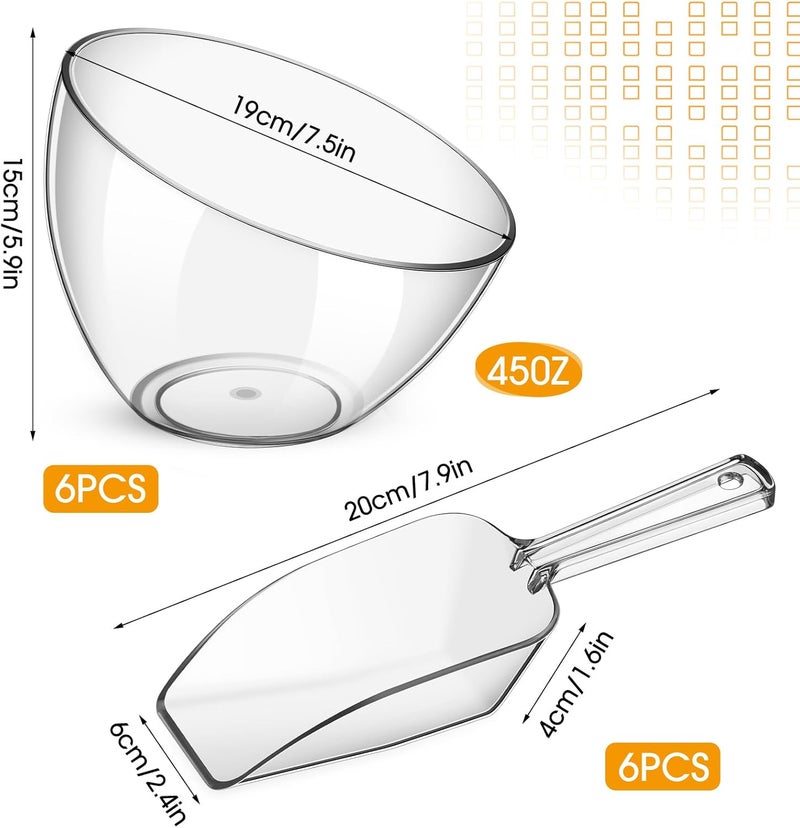 Hoolerry 12 Pcs Serving Bowls Kit Include Clear Plastic Bowls for Parties and Popcorn Measuring Scoops Acrylic Plastic Kitchen Angled Candy Scoops for Office Canister Salad Cooking 45 oz - Image 2