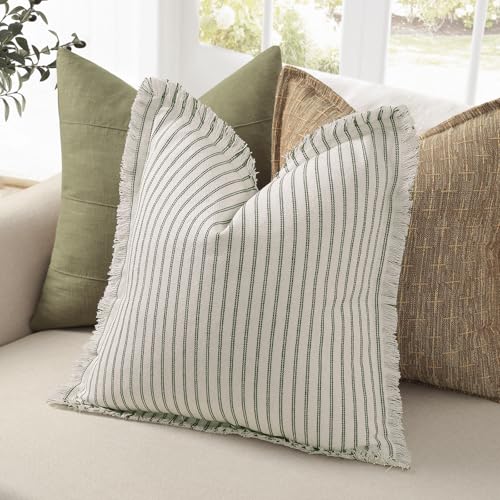 ZWJD Throw Pillow Covers 18x18 Set of 2 Striped Pillow Covers with Fringe Chic Cotton Decorative Pillows Square Cushion Covers for Sofa Couch Bed Living Room Farmhouse Decor Olive Green - Image 3