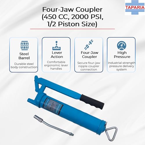 Taparia GGL 45E Heavy-Duty Grease Gun Barrel with Four-Jaw Coupler (450 CC, 2000 PSI, 1/2 Piston Size)-Soft Grip Handles, High-Pressure Industrial Lubrication Tool-Steel Barrel with Cast Iron Head - Image 3