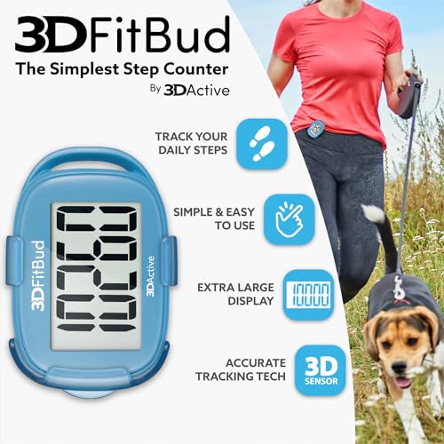 3DActive 3DFitBud Simple Step Counter Walking 3D Pedometer by 3DActive with Clip, Lanyard Accurate Step Tracker Large Display, Easy to Use Kids Men Women Adult Seniors Daily Step Tracking - A420S - Light Blue - Image 2