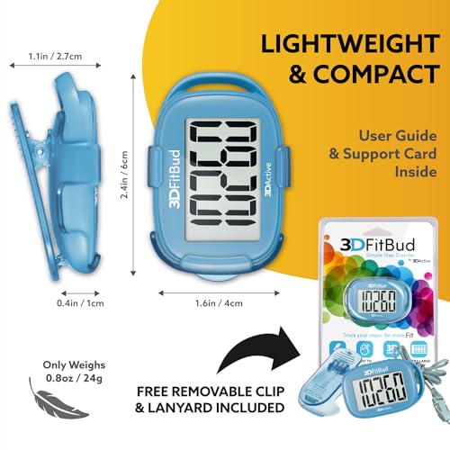 3DActive 3DFitBud Simple Step Counter Walking 3D Pedometer by 3DActive with Clip, Lanyard Accurate Step Tracker Large Display, Easy to Use Kids Men Women Adult Seniors Daily Step Tracking - A420S - Light Blue - Image 5