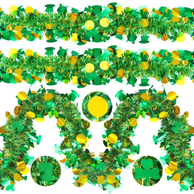 Fairooth 50 Ft St. Patrick's Day Tinsel Garland Green Gold Shamrock Metallic Tinsel Twist Garland Shiny Clover Metallic Hanging Decoration for St. Patrick's Day Irish Party Tree Indoor Outdoor Glitter Decor - Image 1